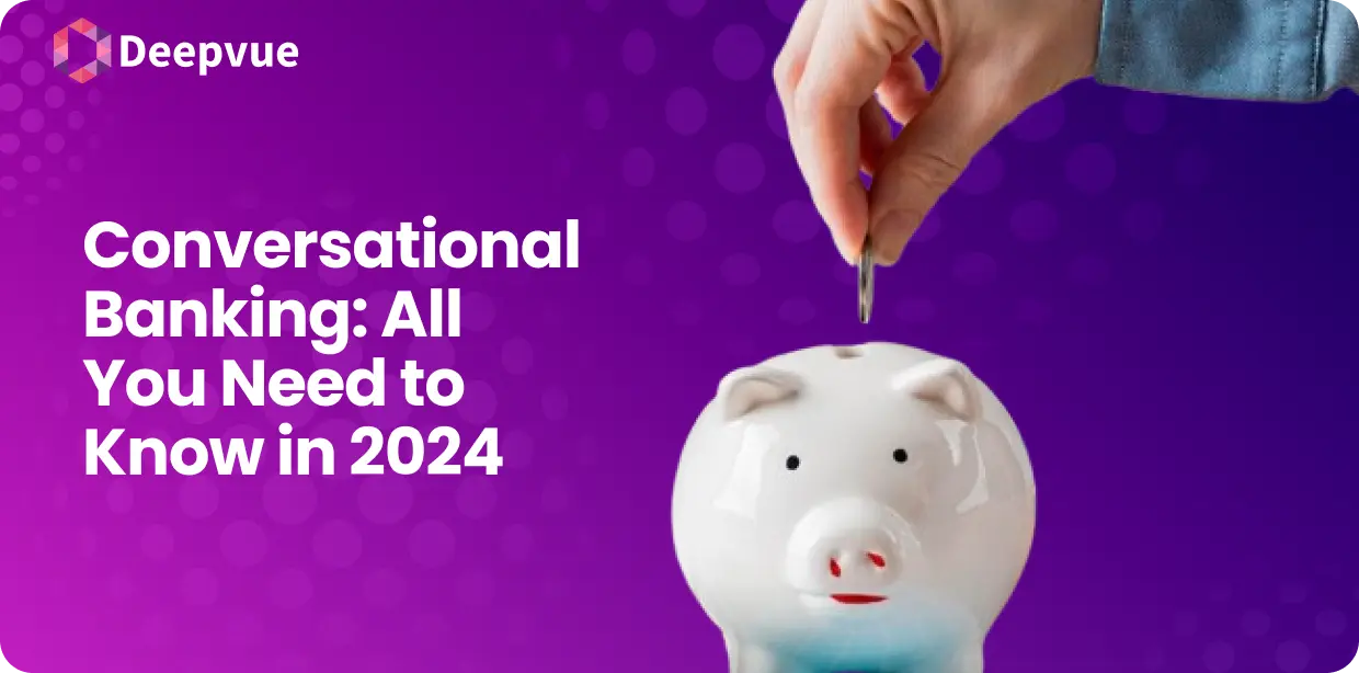 Hand adding a coin to a piggy bank with text: "Conversational Banking: All You Need to Know in 2024" on a purple background.