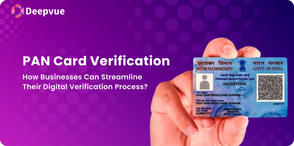 A person holds a PAN card against a purple background with text about PAN card verification.