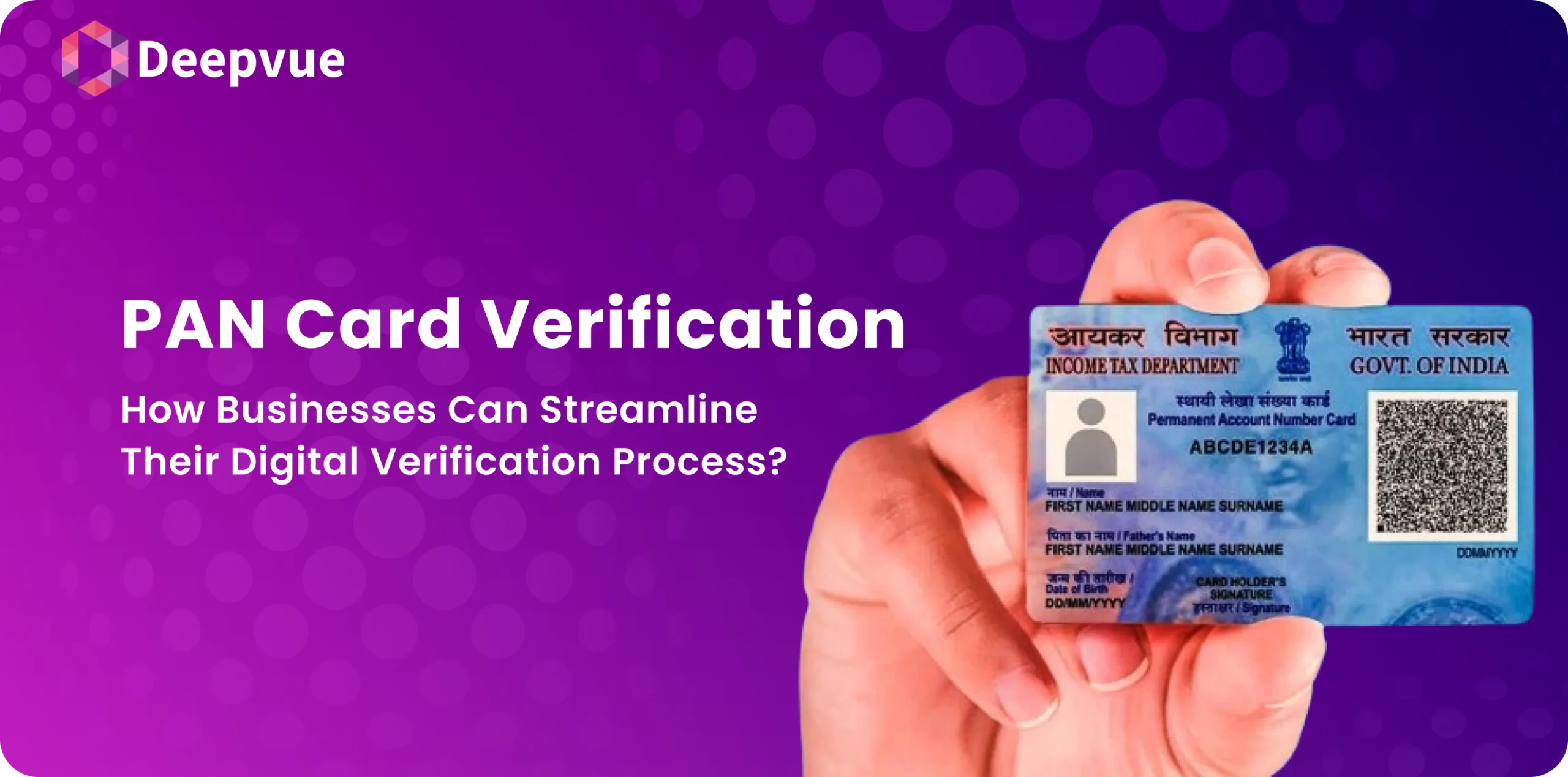 A person holds a PAN card against a purple background with text about PAN card verification.