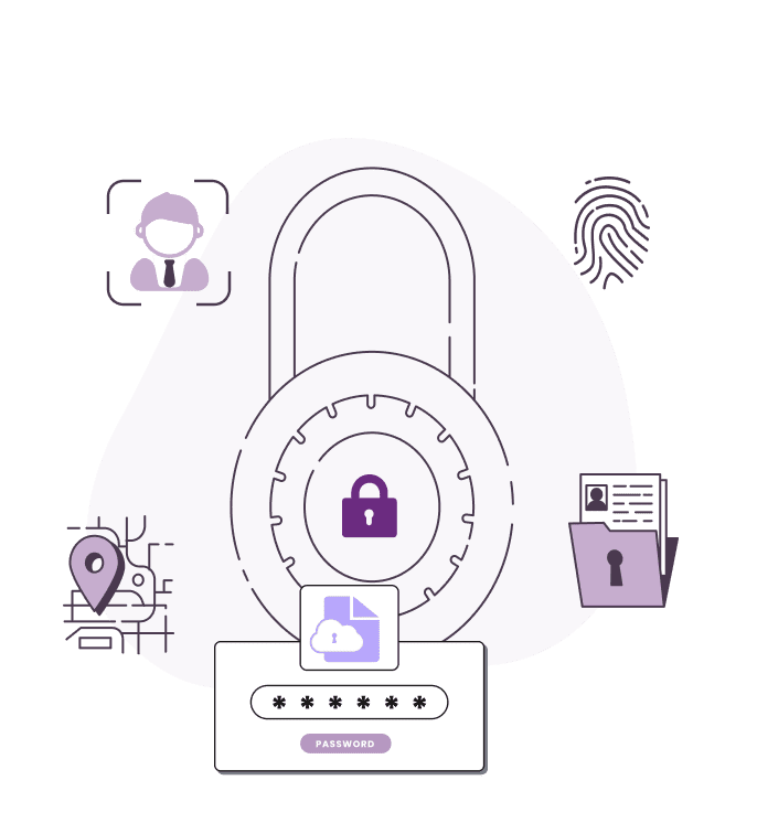 Illustration of cybersecurity elements including a padlock, password input, digital keys, and biometric data, representing data protection and security measures.
