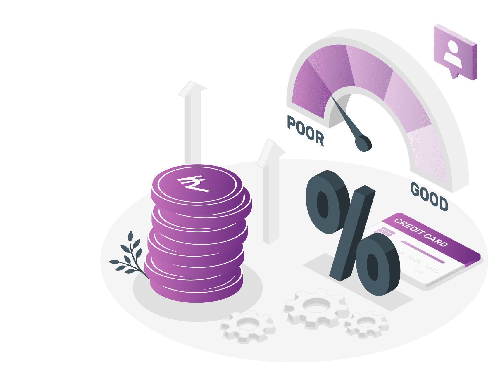 Illustration of financial concepts with a stack of coins, a percentage symbol, gears, a credit card, and a speedometer indicating from poor to good.