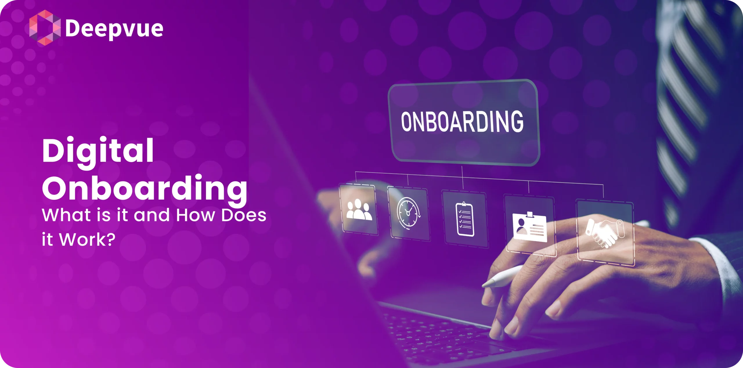 Purple-toned image with a person using a laptop. The screen shows icons labeled "ONBOARDING," with graphics of people, a clock, a document, and an ID card. Text reads "Digital Onboarding.