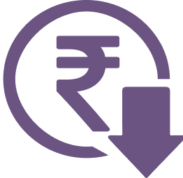A purple icon of a rupee symbol inside a circle with a downward arrow indicating a decrease in value.