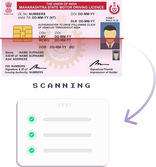 Image of an Indian state driver's license with various personal details and a scanning process depicted below it, showing text extraction with checkmarks indicating successful data reading.
