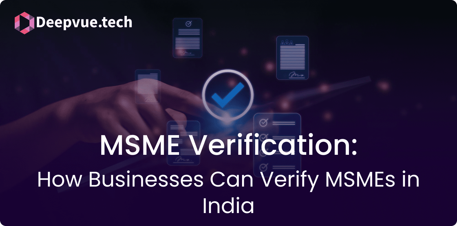 A hand interacts with floating digital icons representing documents. Text reads: "Deepvue.tech MSME Verification: How Businesses Can Verify MSMEs in India.
