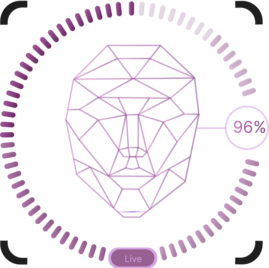 Purple geometric representation of a human face with a "96%" label, displayed within a dark interface, indicating live biometric or facial recognition analysis.