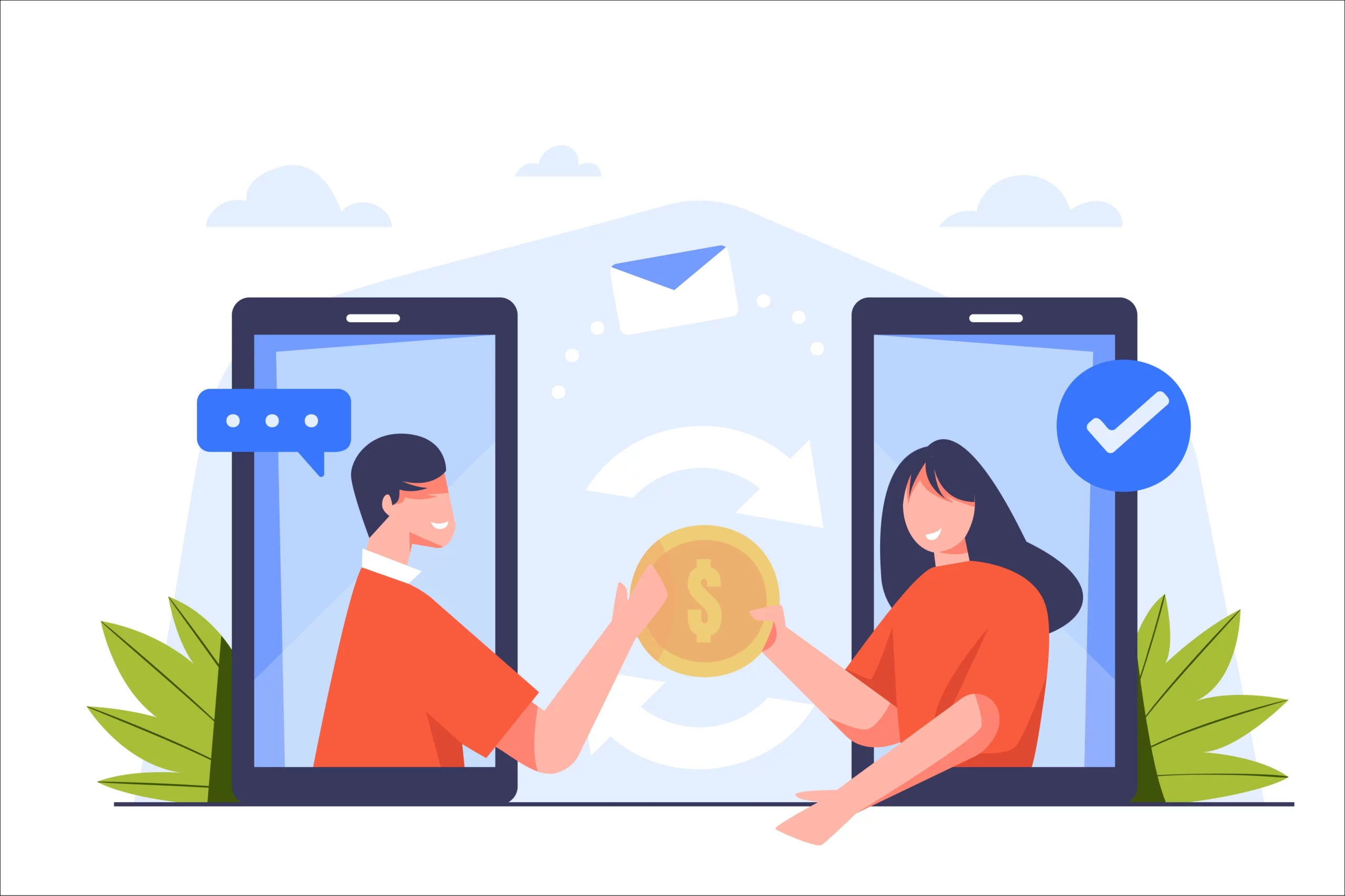 Illustration of a man and a woman conducting a mobile payment transaction, both appearing on smartphone screens with symbols of messaging and Penny Drop Verification.