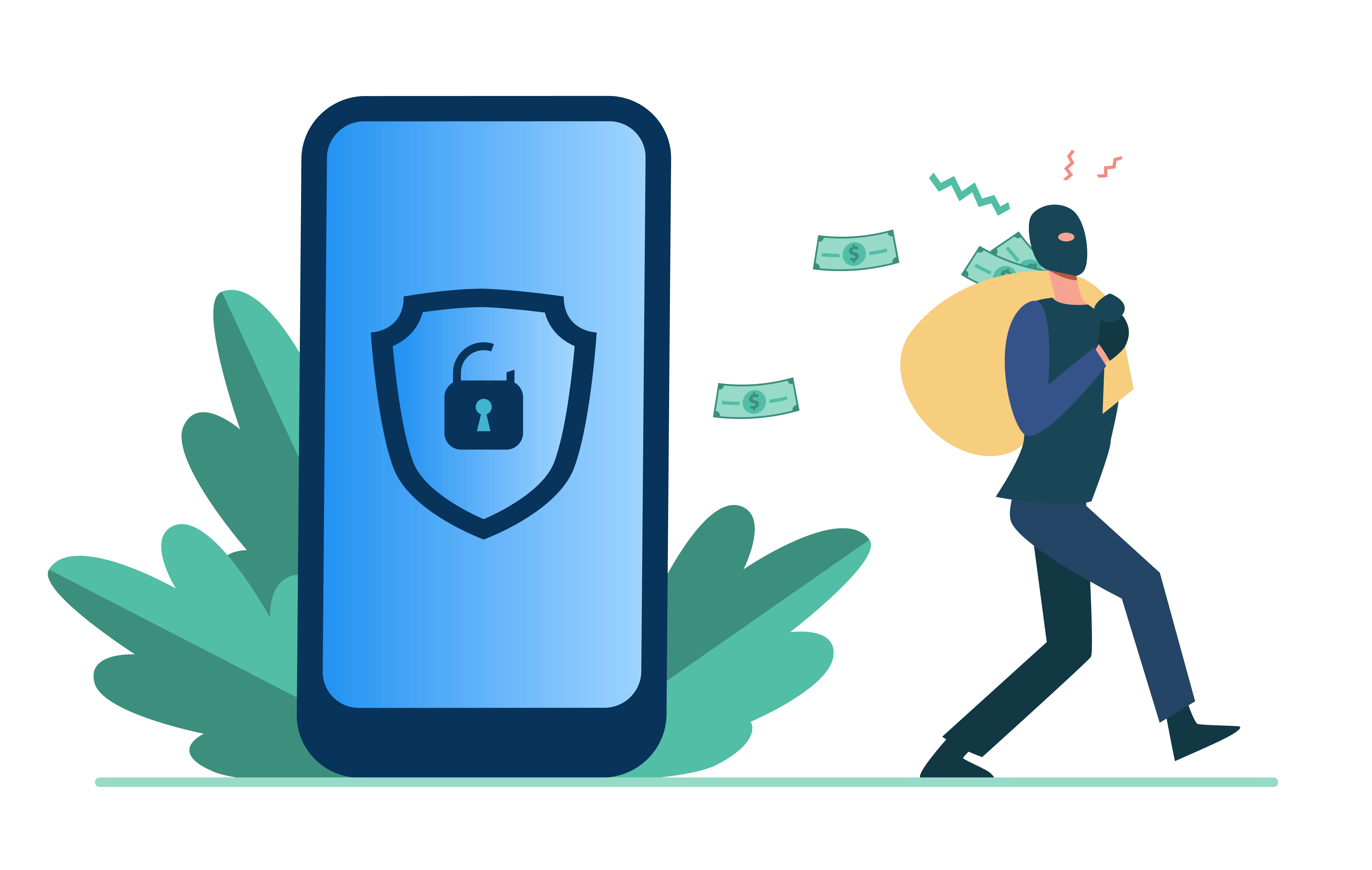 Illustration of a thief in a black mask carrying a bag of money away from a giant smartphone with an unlocked padlock symbol on its screen, highlighting the need to detect ATO and prevent account takeover fraud.