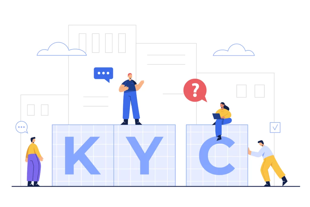 Illustration of four people interacting with large KYC blocks, representing Know Your Customer procedures, in front of abstract buildings. One person holds a question mark, indicating inquiry or confusion, while another examines documents related to Politically Exposed Persons (PEPs).