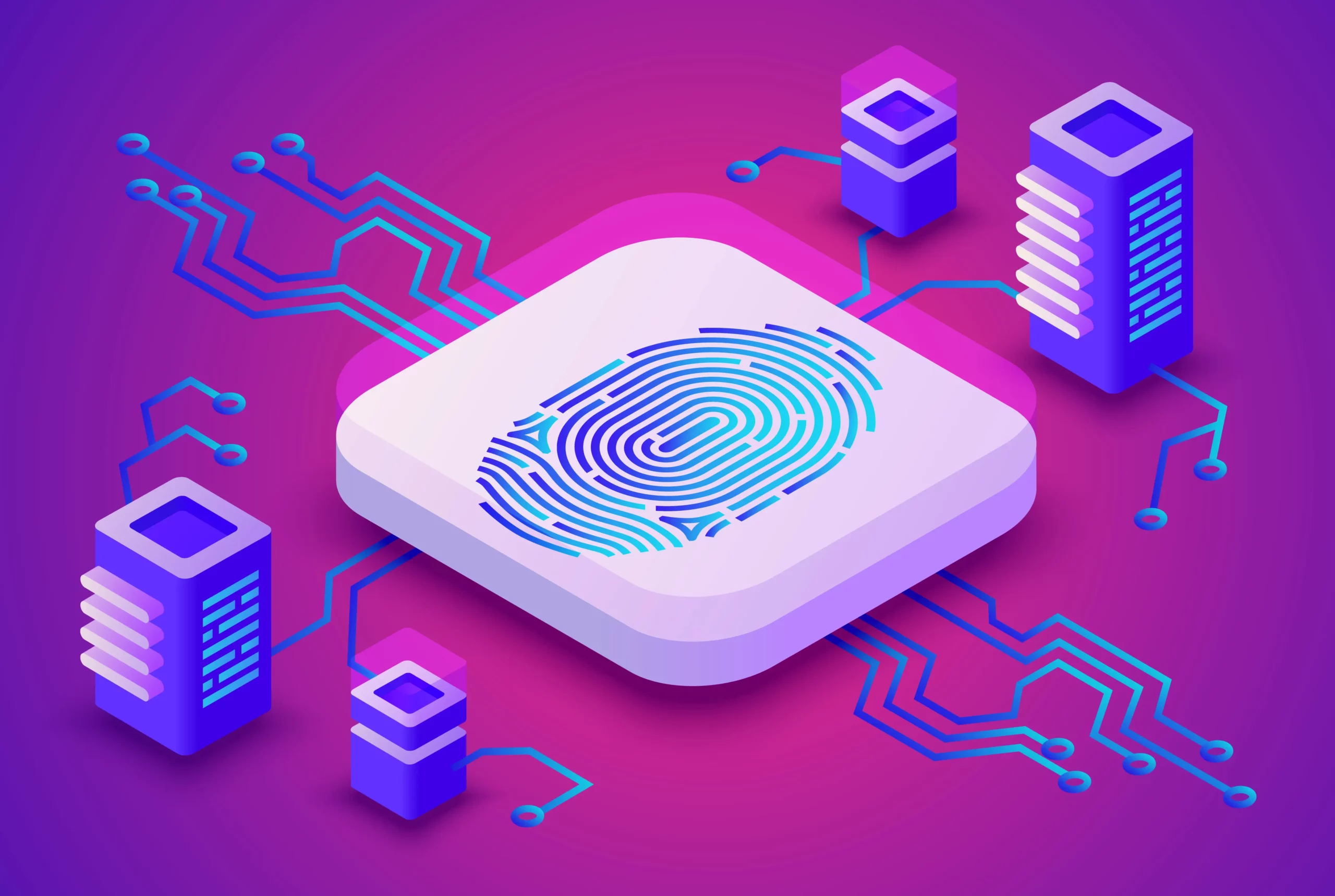Illustration of a digital fingerprint on a central platform connected to multiple server towers, symbolizing cybersecurity and data protection.