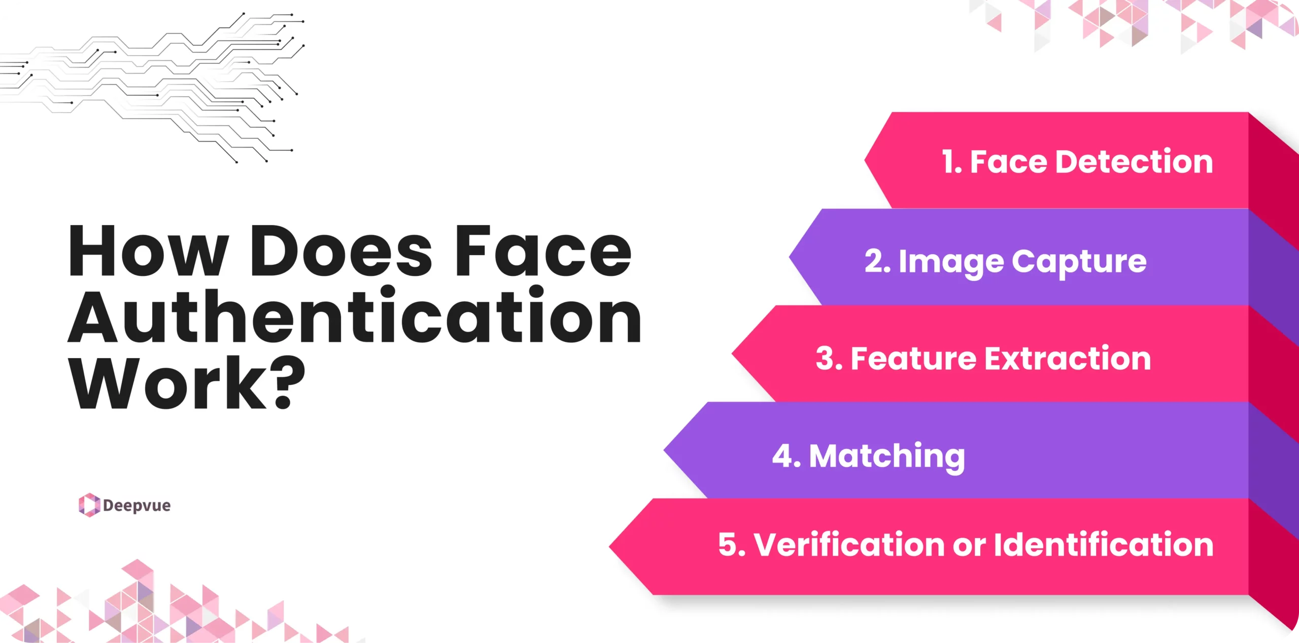 Flowchart illustrating the steps of face authentication: 1. Face Detection, 2. Image Capture, 3. Feature Extraction, 4. Matching, 5. Verification or Identification.