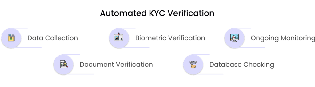 A flowchart with five steps: Data Collection, Document Verification, Biometric Verification, Database Checking, and Ongoing Monitoring.