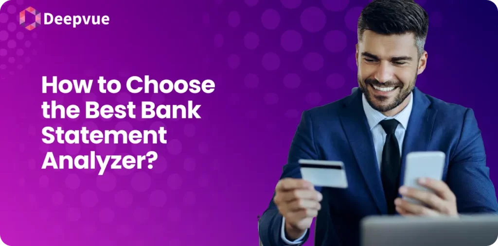 A man smiles while holding a credit card and a smartphone against a purple background with text: "How to Choose the Best Bank Statement Analyzer?.