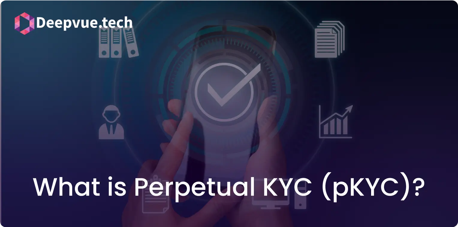 Hands holding a smartphone with icons of files, documents, and a check mark around it. Text reads "What is Perpetual KYC (pKYC)?" and "Deepvue.tech" in the top left corner.