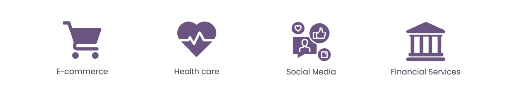 Icons representing four sectors: E-commerce (shopping cart), Health care (heart with heartbeat line), Social Media (chat bubbles with likes and follow icons), and Financial Services (bank building).