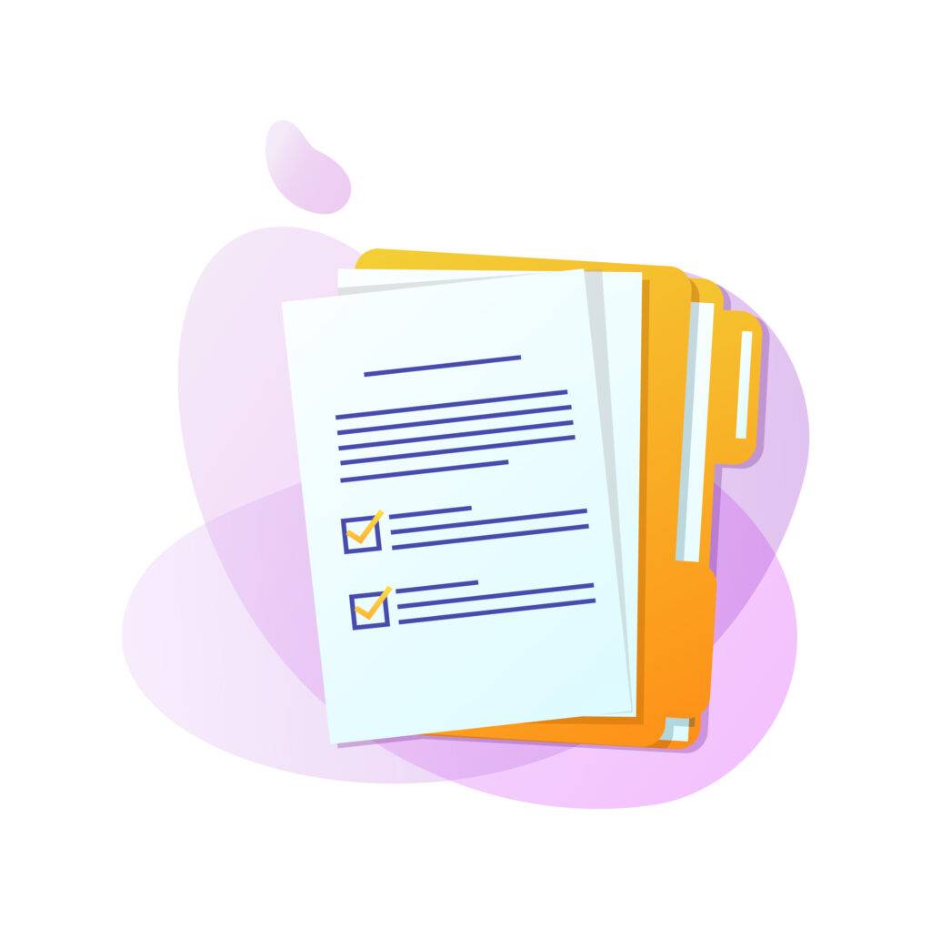 Illustration of a yellow folder containing documents, with two sheets on top featuring checklist items marked with blue checkmarks, resembling a KYC process for medium risk customers, all set against a purple abstract background.