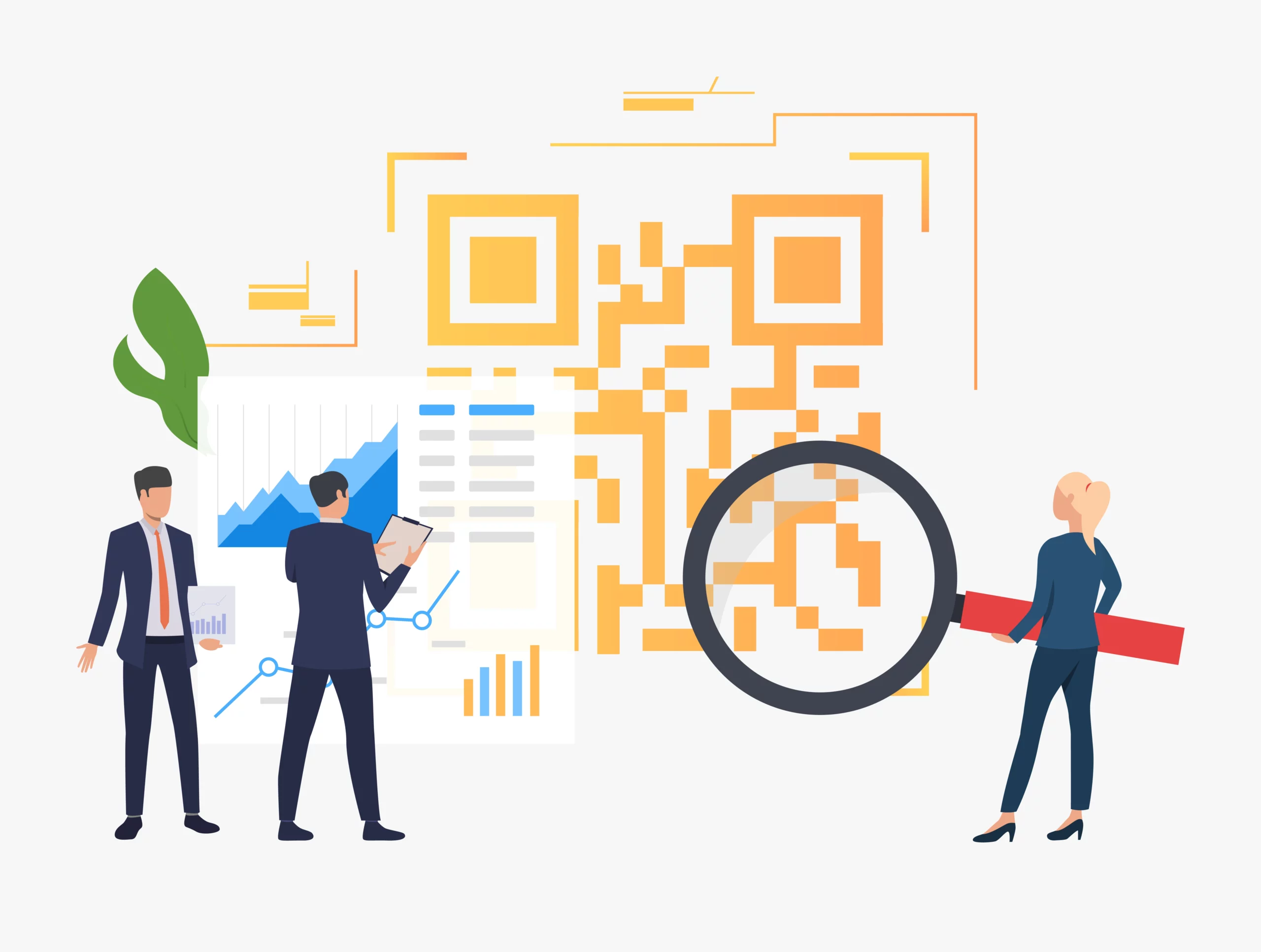 Illustration of two people examining a large QR code, with one person holding a magnifying glass and the other holding a tablet. Background includes graphs and charts, highlighting the relevance of OCR in banking applications.