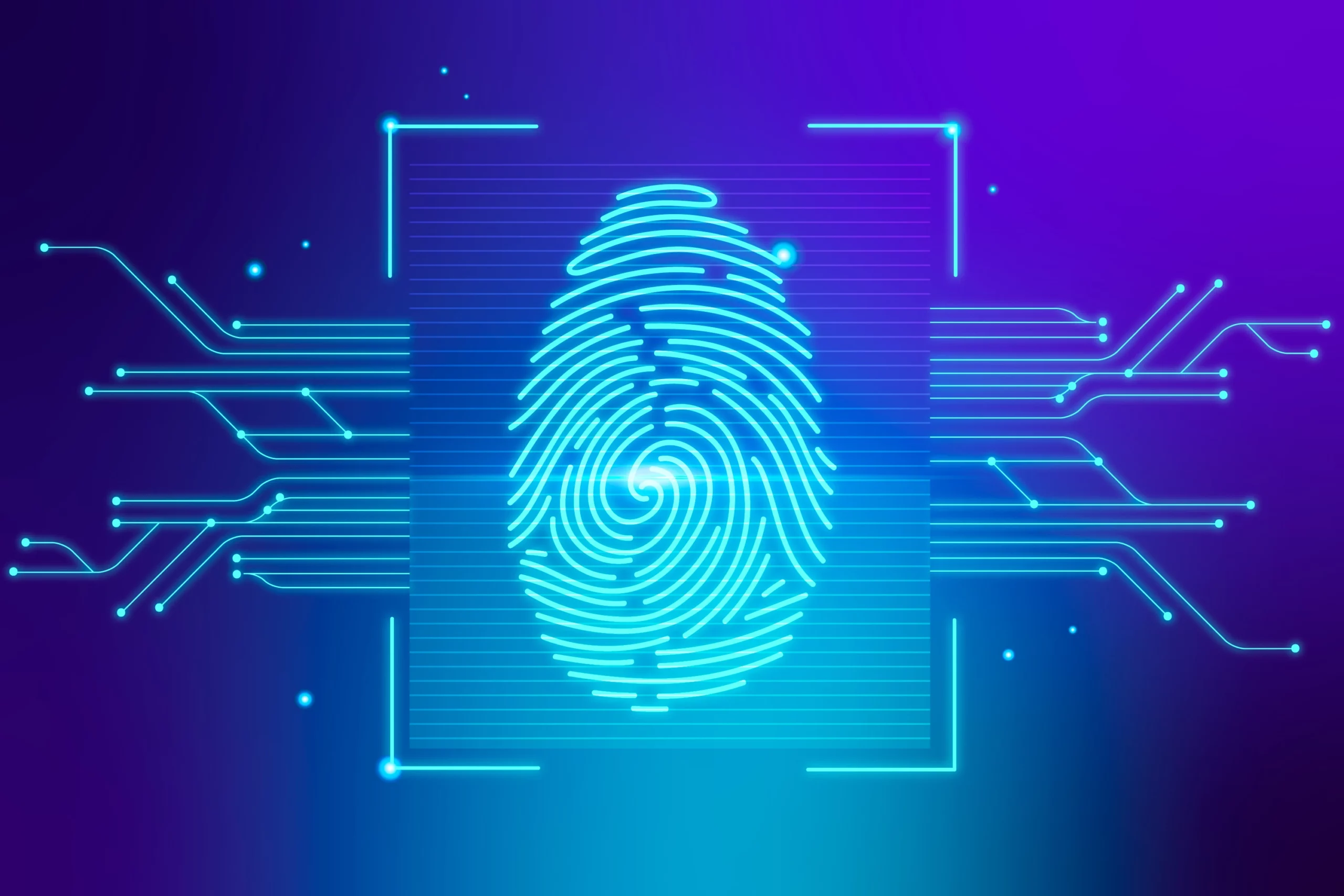 A glowing digital fingerprint graphic with blue lines extending from it, set against a blue and purple gradient background.