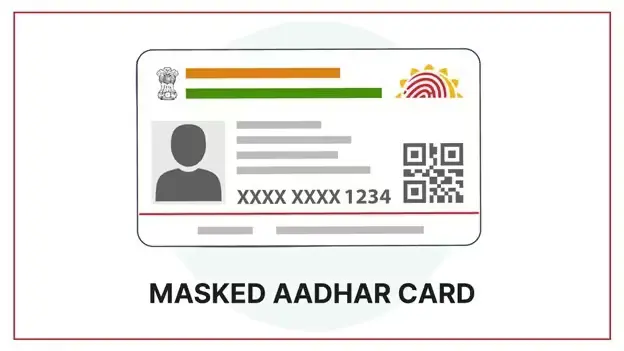 A digital illustration of a Masked Aadhaar card highlights the importance of Aadhaar masking by featuring a partially obscured number, barcode, and personal details. It includes a photo placeholder and official emblems.