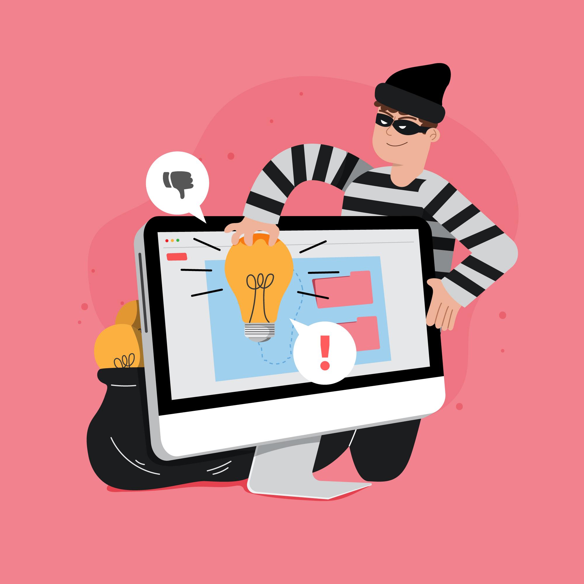 Illustration of a thief stealing a light bulb from a computer screen, representing online intellectual property theft. A bag with more light bulbs and caution symbols on the monitor are visible, highlighting the need for robust fraud risk management.