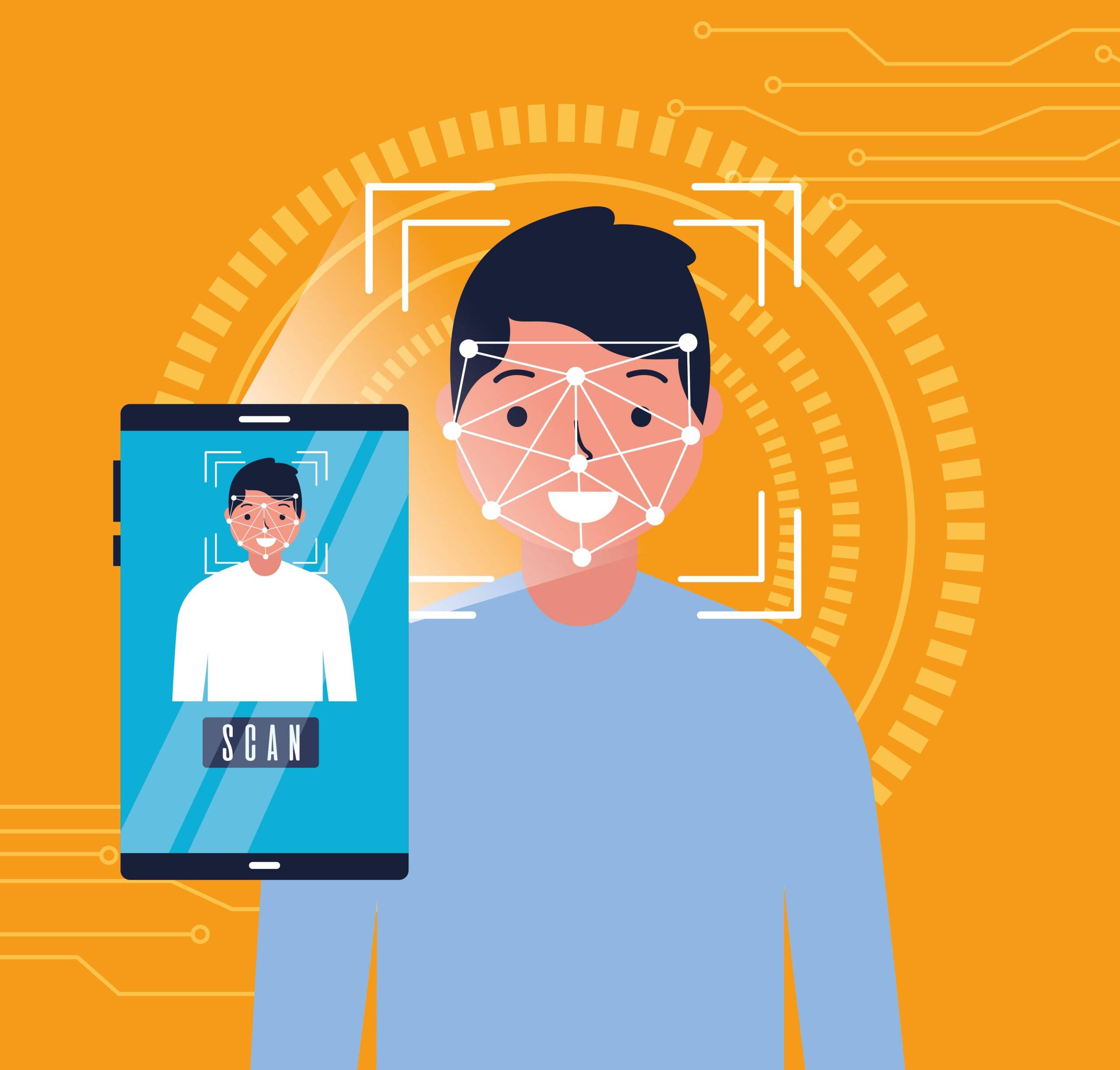 Illustration of a person undergoing facial recognition scan with a digital device against an orange background.