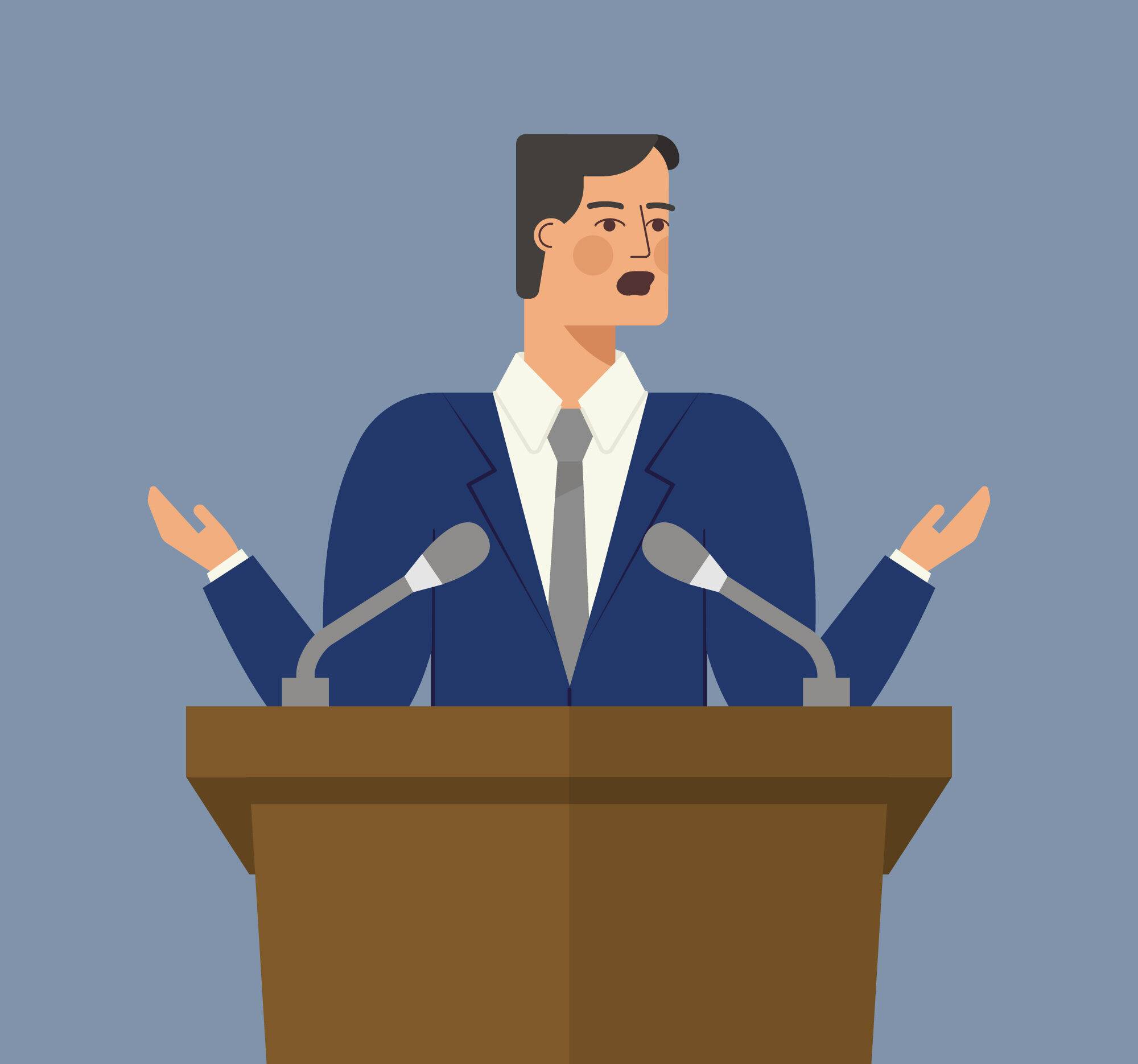 Illustration of a man in a suit standing at a podium with two microphones, gesturing with both hands, as if explaining the importance of PEP Screening.