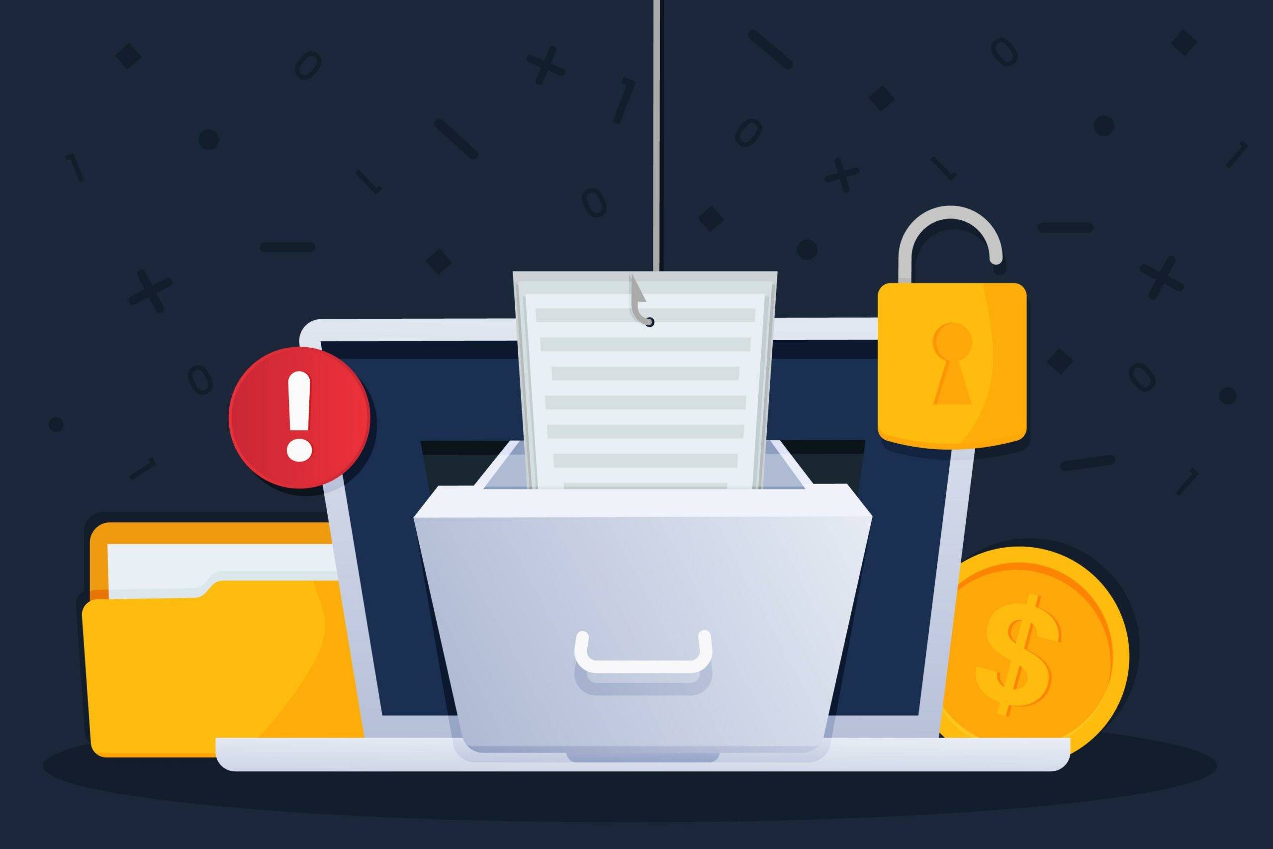 Illustration of a laptop with a fishing hook pulling a document from the screen, surrounded by symbols of a lock, exclamation mark, dollar sign, and folder. Representing a 2024 phishing attack, highlighting how combatting document forgery has become crucial.