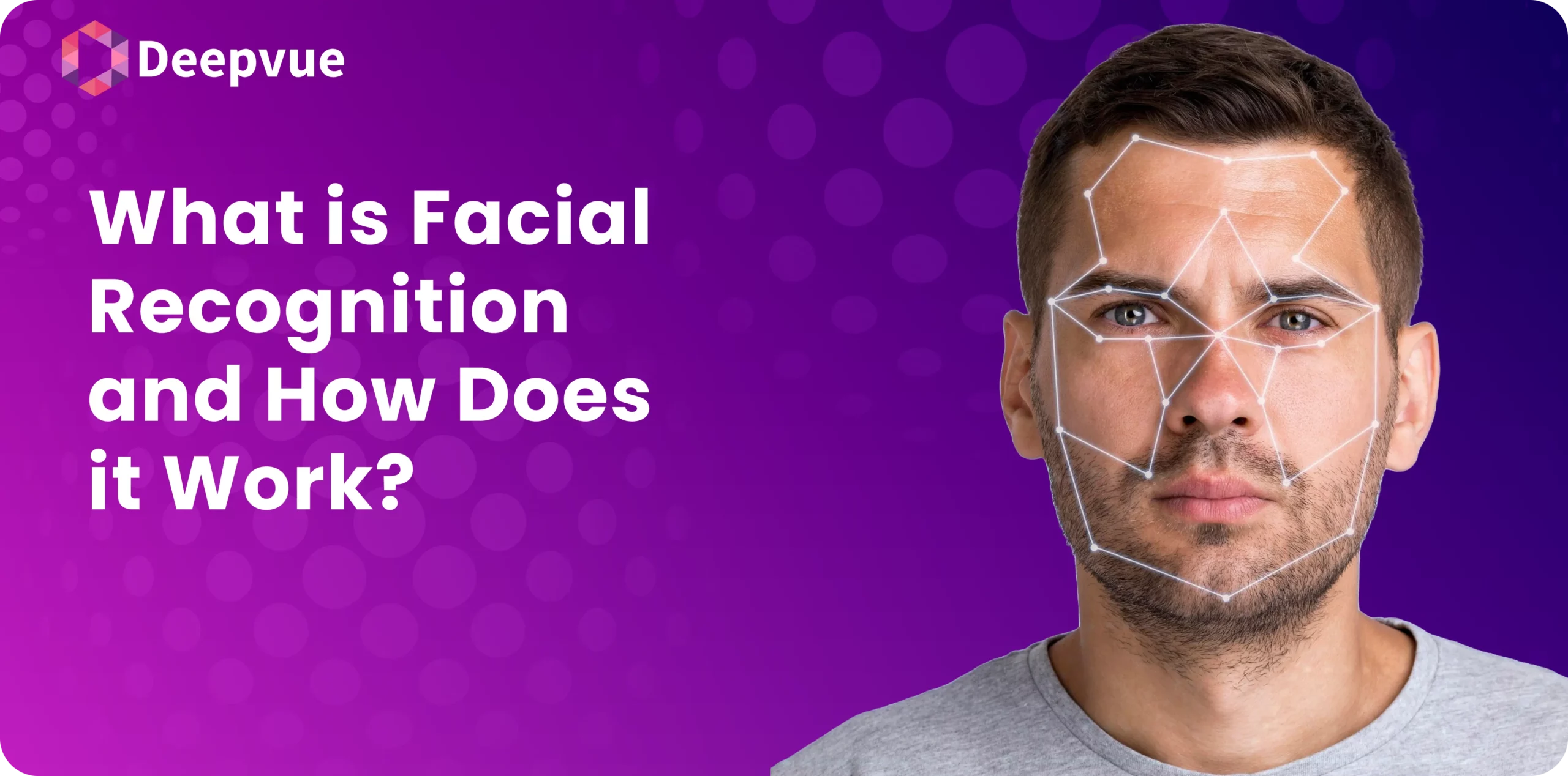 A man with facial recognition lines on his face is shown on a purple background with the text, "What is Facial Recognition and How Does it Work?.