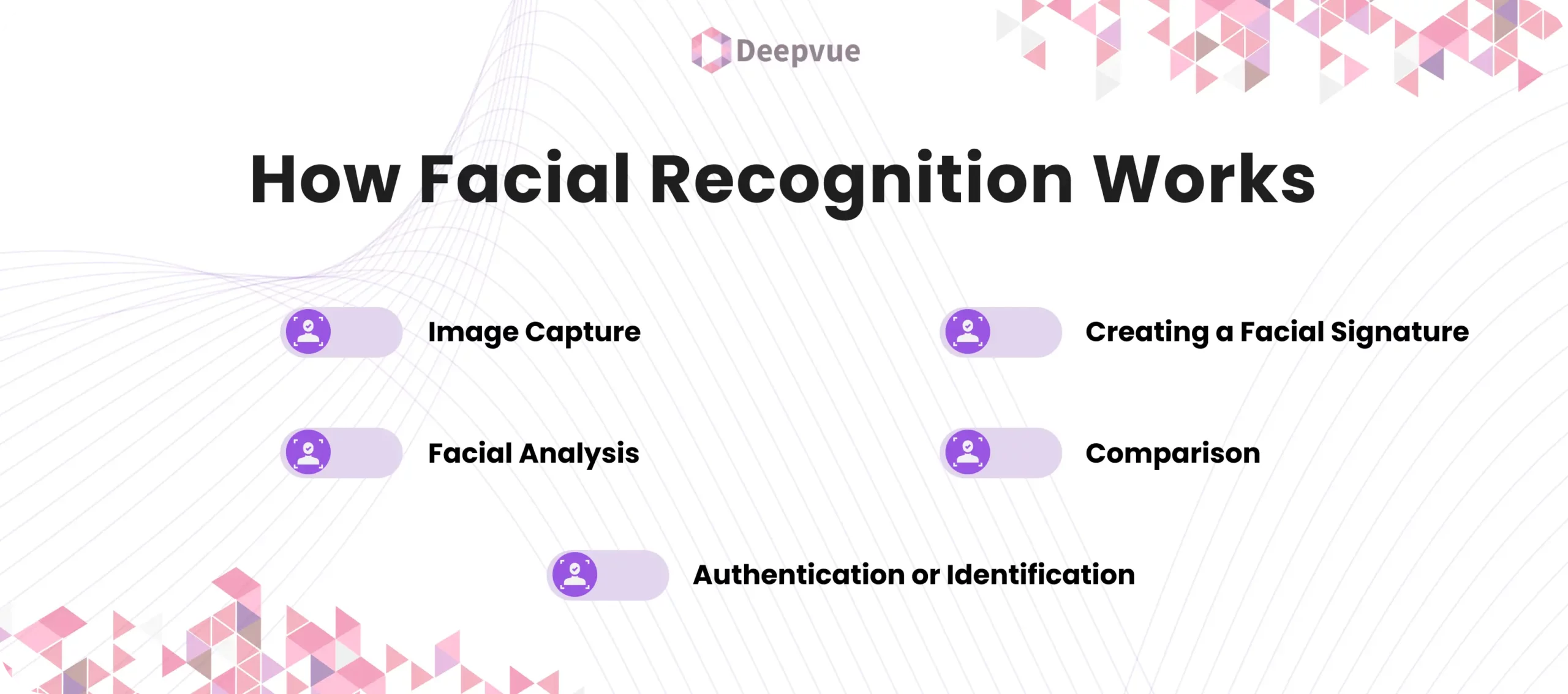 Flowchart showing facial recognition process: Image Capture, Facial Analysis, Creating a Facial Signature, Comparison, Authentication or Identification.