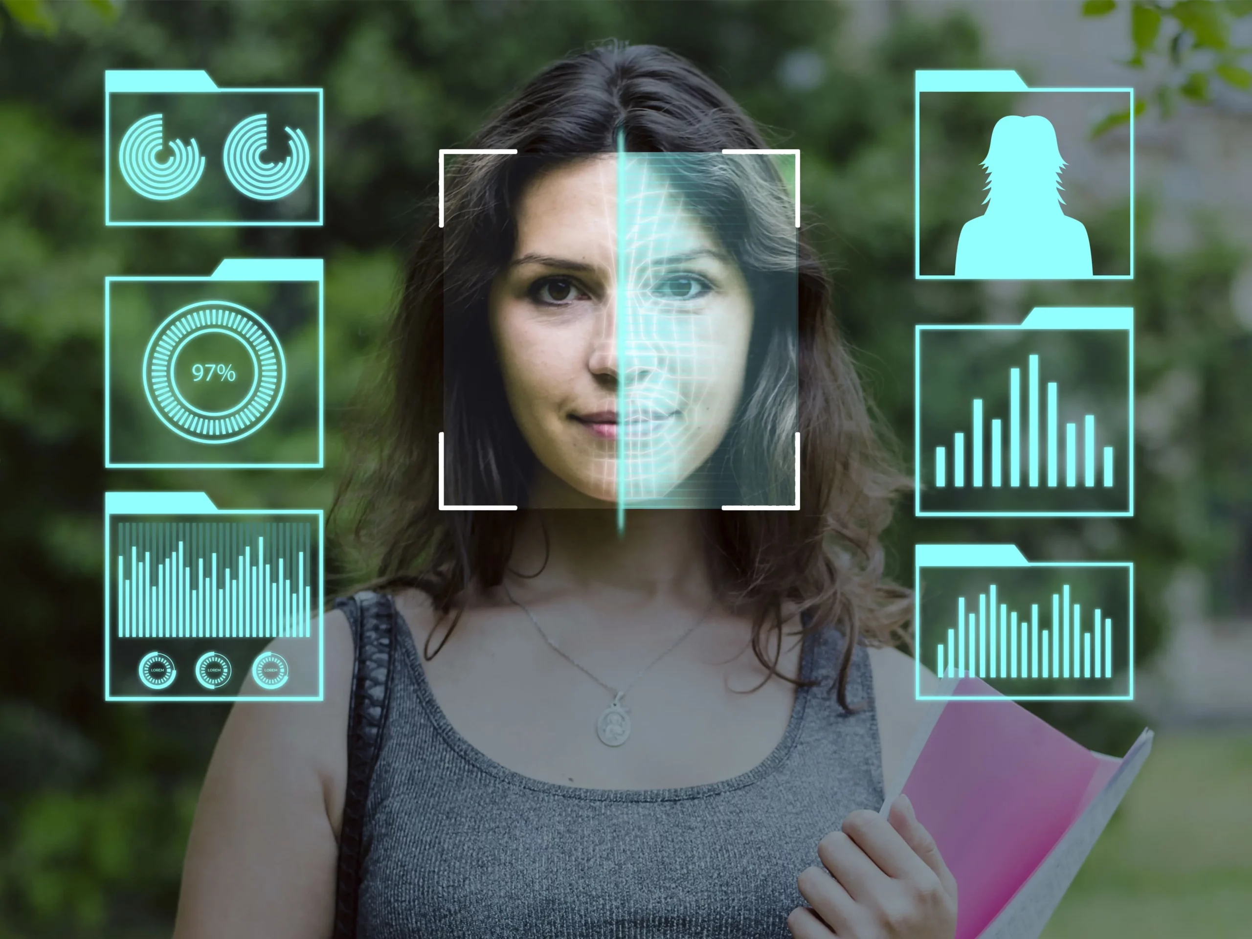 A woman is pictured with digital overlay graphics representing facial recognition, charts, and data analytics surrounding her face. She is holding a book and standing outdoors, highlighting the importance of liveness detection to prevent spoofing attacks.