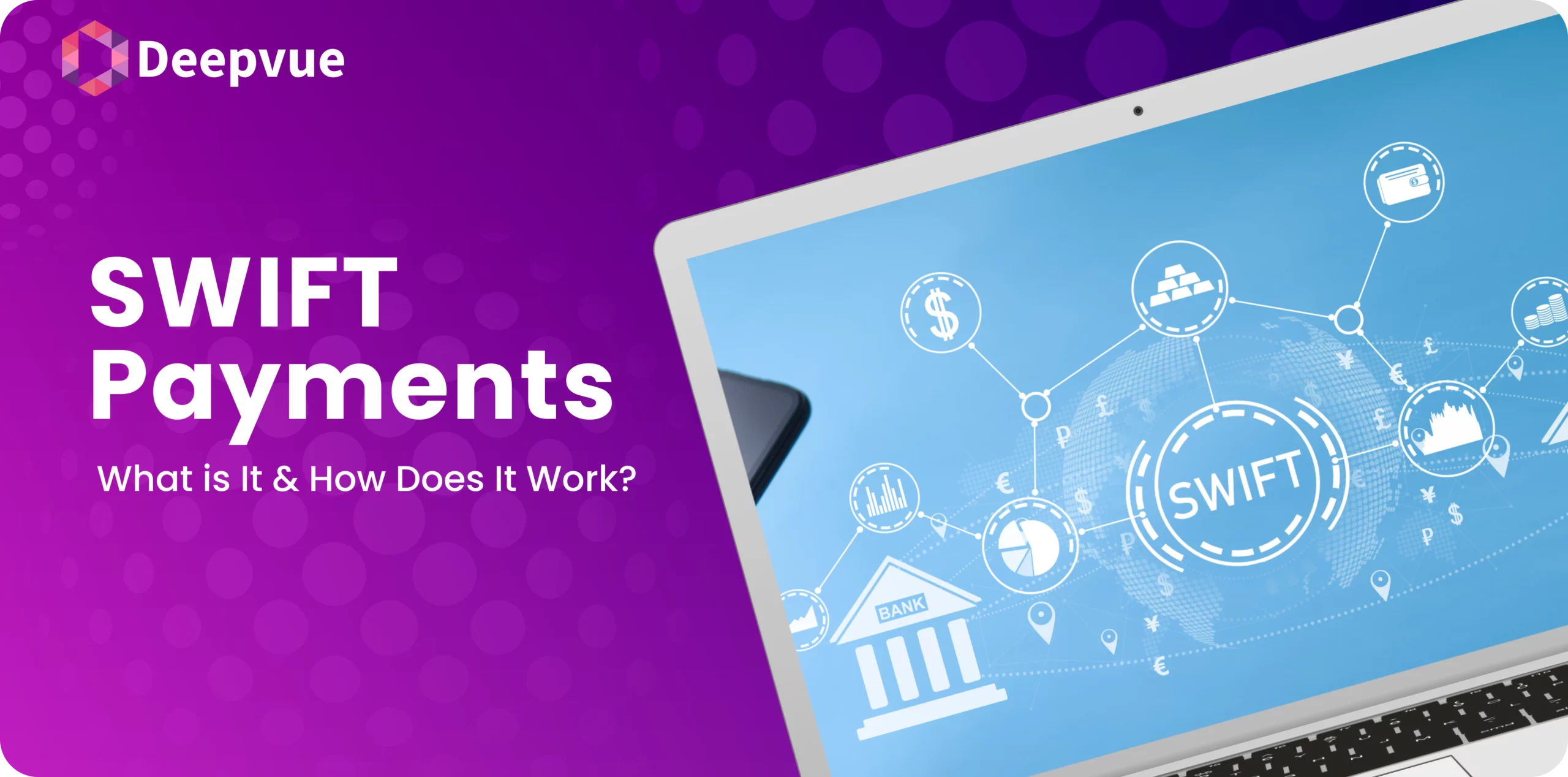 Laptop displaying SWIFT payments network; text reads "SWIFT Payments: What is it & How Does It Work?" on a purple background with circular patterns.