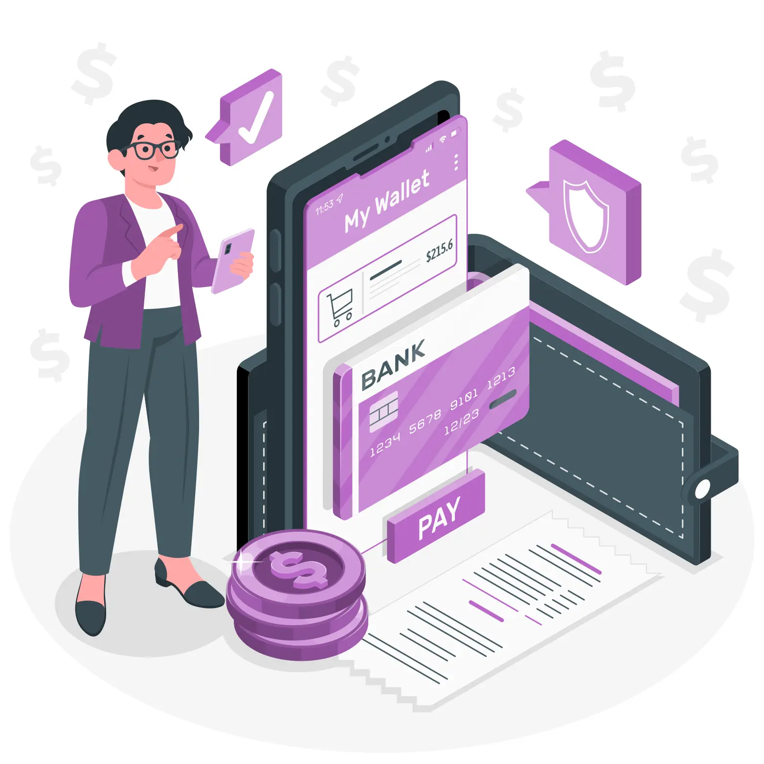 An illustration of a person using a smartphone for mobile banking. A digital wallet, escrow management, and bank card are displayed, with coins and security icons in the background, highlighting the integration of nodal accounts for seamless transactions.