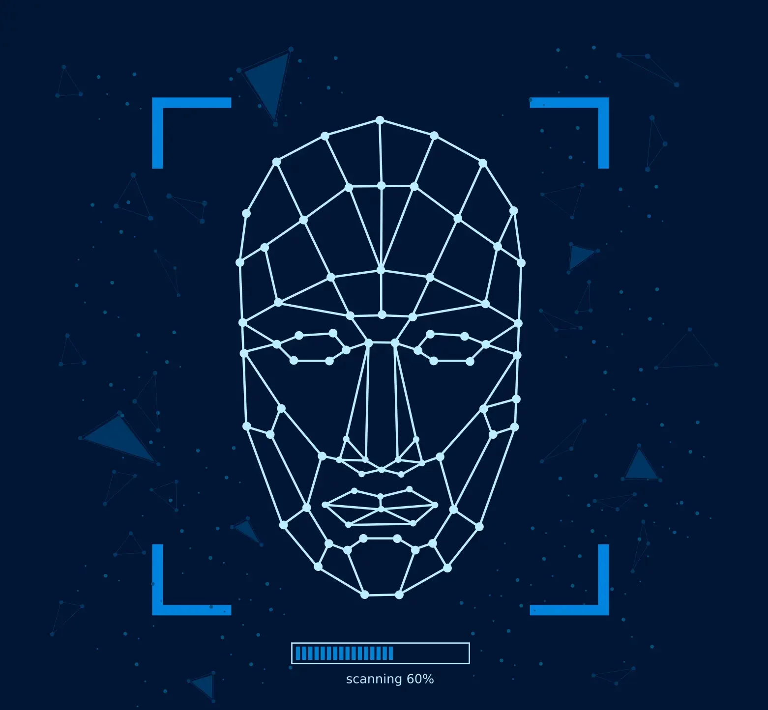 A digital wireframe representation of a human face in progress, showcasing the intricacies of facial liveness detection, with a scanning status of 60% at the bottom.