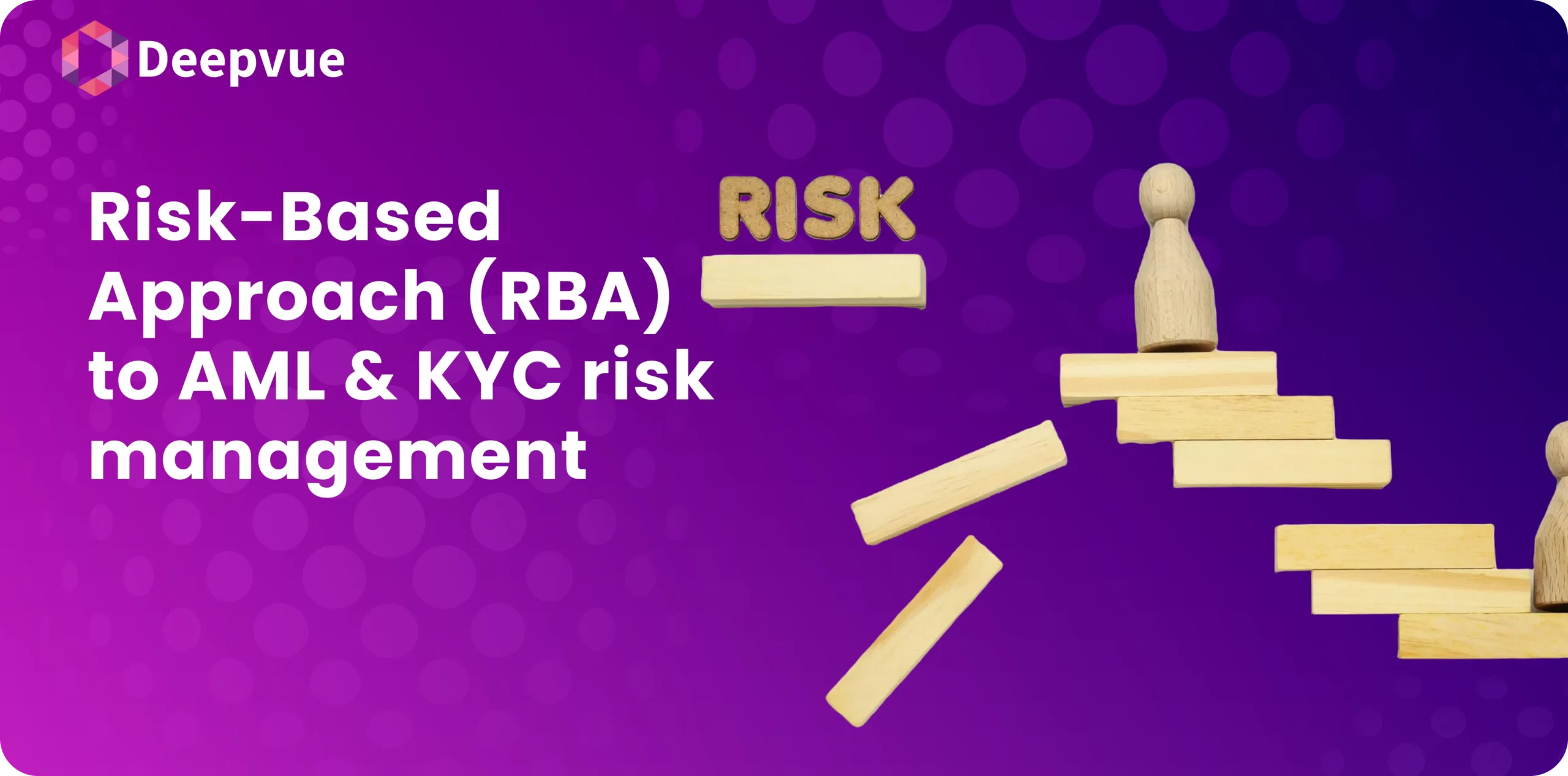 Illustration of a wooden figure on a precarious block tower labeled "Risk" against a purple background with text about Risk-Based Approach to AML & KYC risk management.