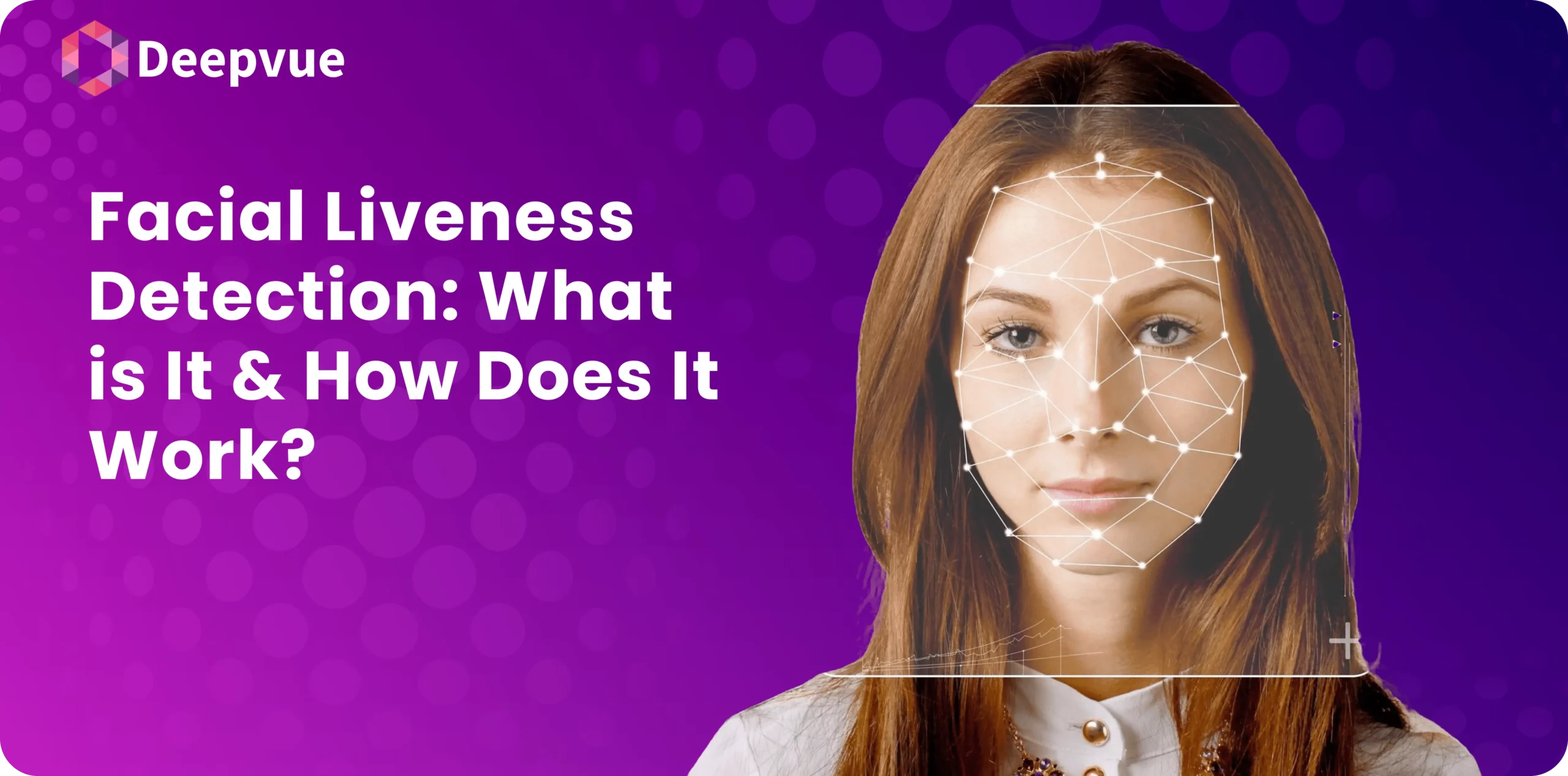 A woman with facial recognition pattern overlay on a purple background with the text: "Facial Liveness Detection: What is It & How Does It Work?.