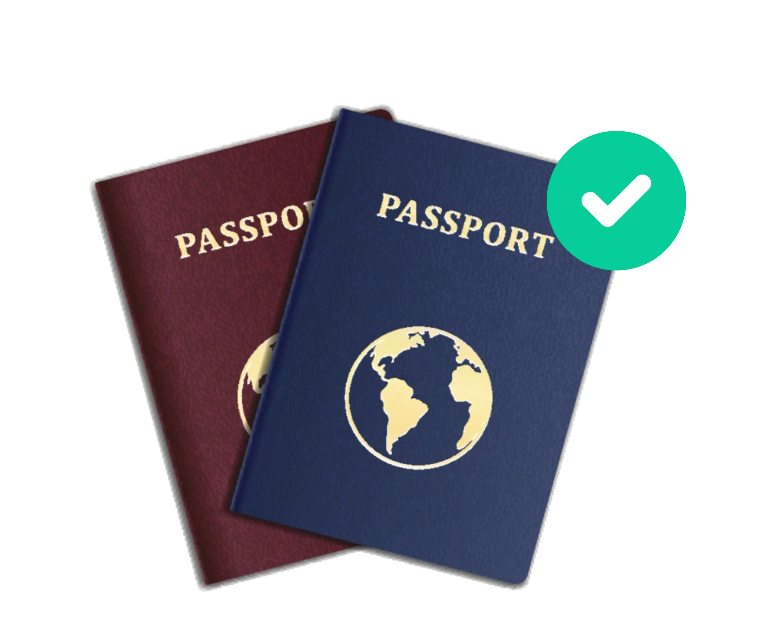 Two passports, one blue and one red, with a globe symbol on the cover. A green check mark is overlaid on the blue passport.