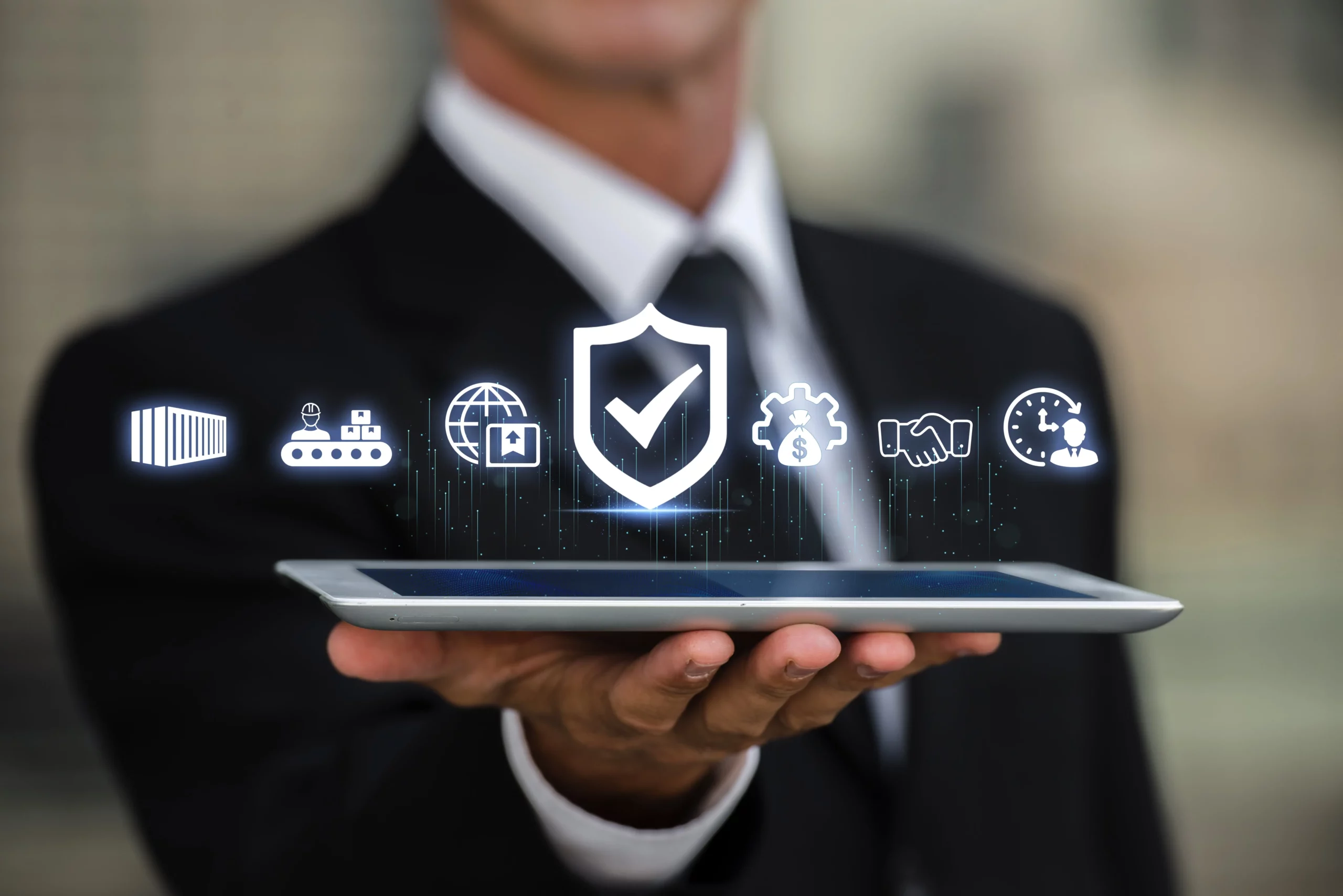 A person in a suit holds a tablet displaying holographic icons: shield with checkmark, gears, handshake, globe, clock, book, and shipping container. These elements suggest technology and security themes aligned with a risk-based approach to KYC and AML processes.