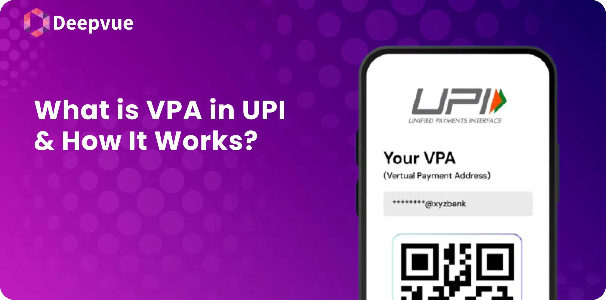 A smartphone screen showcasing a QR code labeled "Your VPA" shines against a purple backdrop, accompanied by the text "What is VPA in UPI & How It Works?