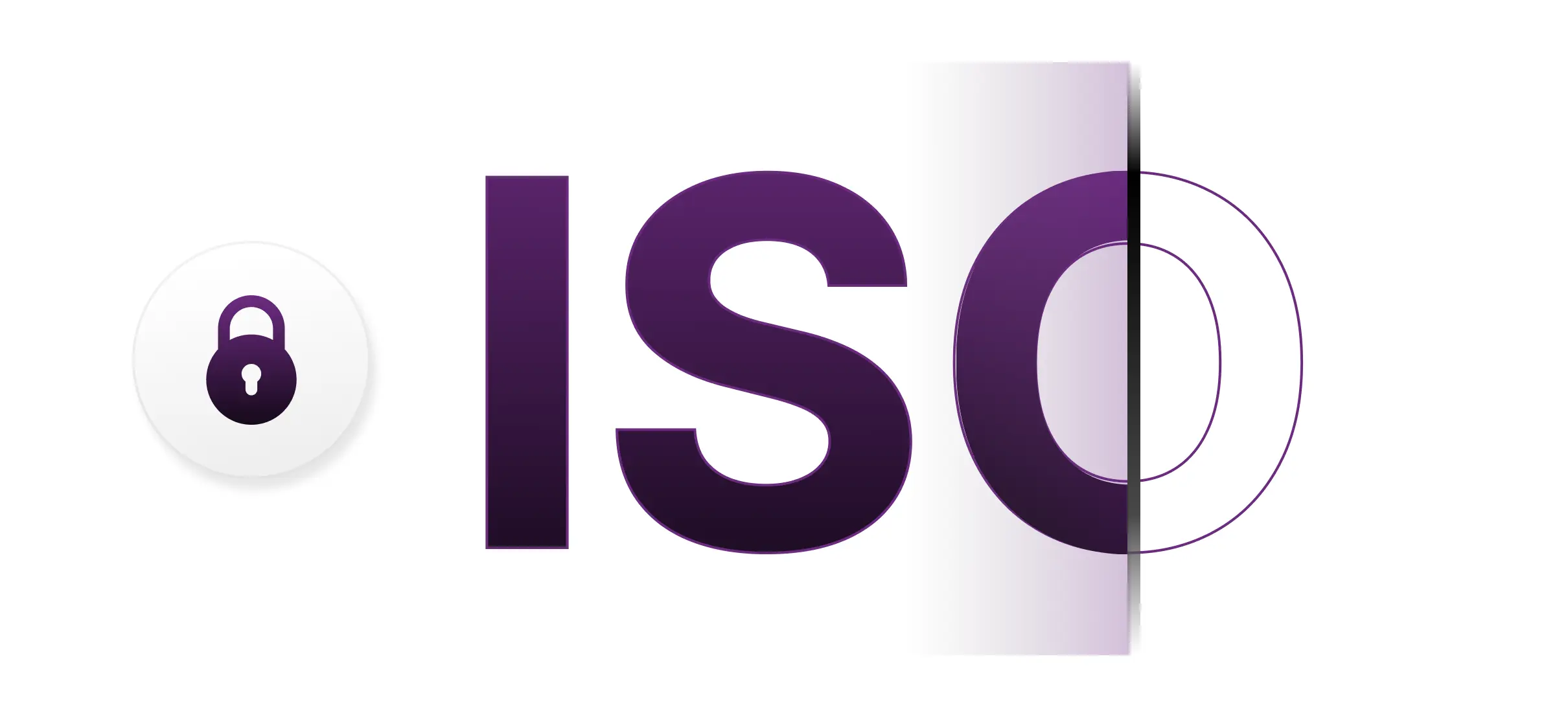 The image depicts the bold, gradient purple letters "ISO" with a padlock icon in a circle to the left, symbolizing Information Security.