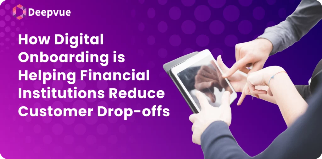 Two people engage with a tablet against a purple backdrop featuring Deepvue's logo, highlighting how digital onboarding minimizes customer drop-offs for financial institutions.