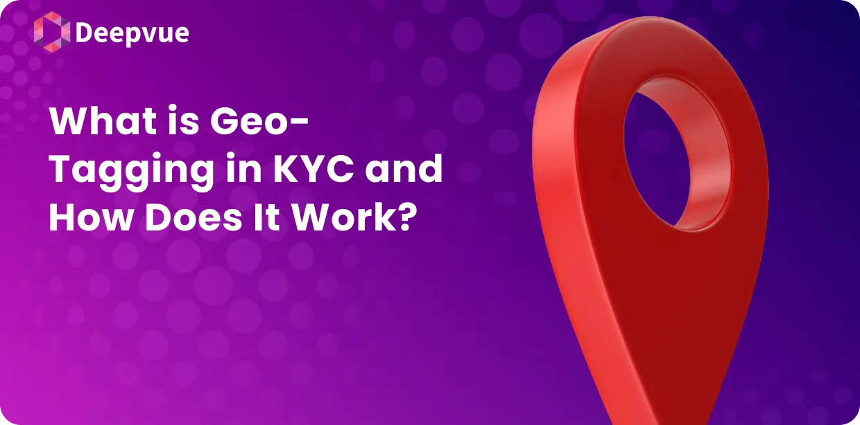 Red location pin on a purple background with the text "What is Geo-Tagging in KYC and How Does It Work?" on the left, highlighting how integrating geo-tagging can enhance the Know Your Customer process.