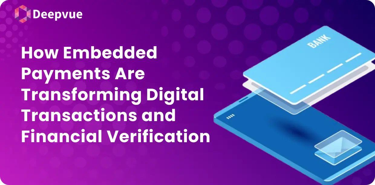 Purple graphic with text "How Embedded Payments Are Transforming Digital Transactions and Financial Verification," featuring illustrations of blue credit cards, one labeled "BANK.