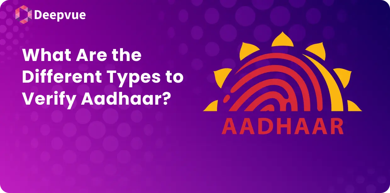 A vibrant purple graphic features the question "What Are the Different Types to Verify Aadhaar?" with the Aadhaar logo prominently displayed on the right. This eye-catching design invites you to explore various methods for verifying your Aadhaar.