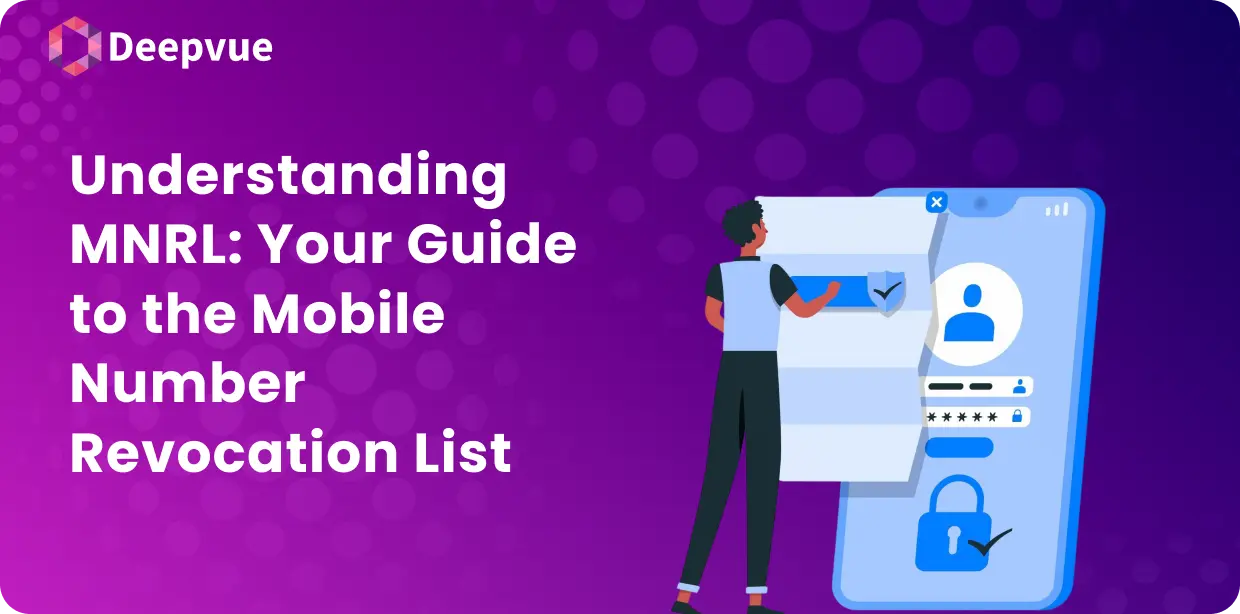 Illustration of a person engaging with a large smartphone screen featuring security icons, accompanied by the text: "MNRL: Your Essential Guide to the Mobile Number Revocation List.