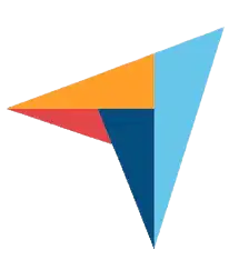 A geometric logo featuring overlapping triangles in orange, red, light blue, and dark blue, forming a pinwheel shape with a pointed, arrow-like appearance.