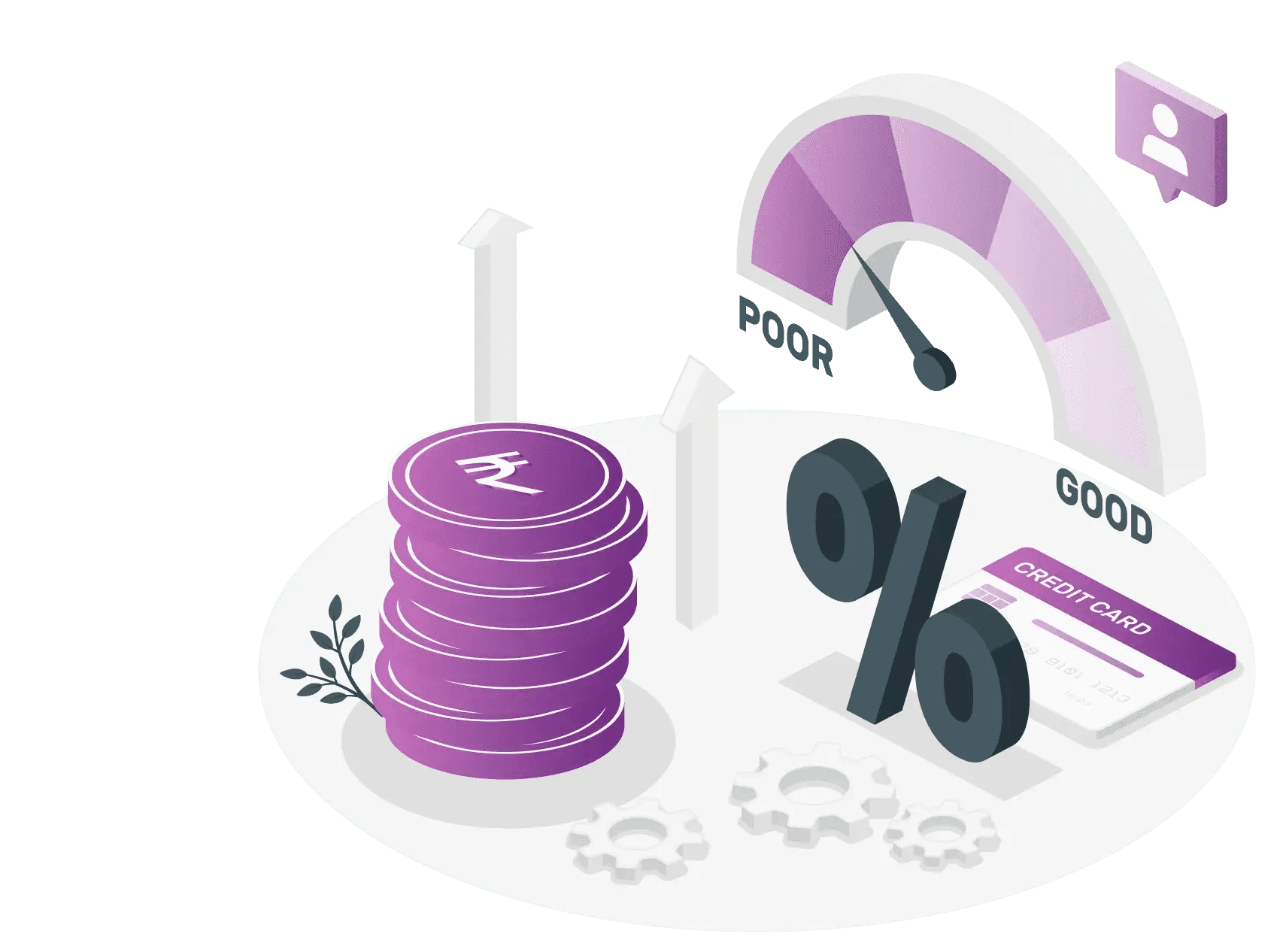 Illustration showing a credit score gauge pointing to "Good," stacks of coins, percentage symbol, and a credit card, symbolizing personal finance and credit management.
