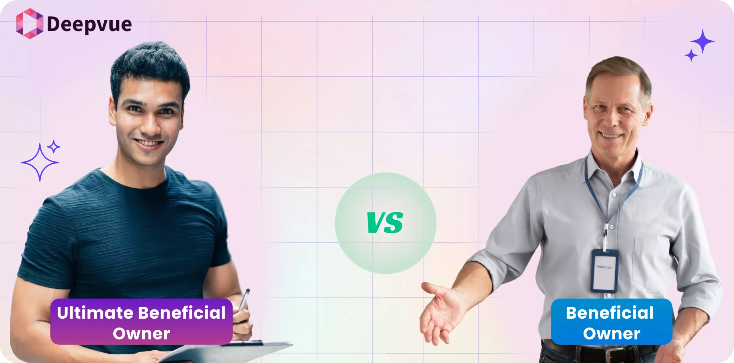 Two men flank a "VS" symbol. The left holds a clipboard marked "Ultimate Beneficial Owner," while the right gestures openly, labeled "Beneficial Owner." Their stance highlights the key difference between them.