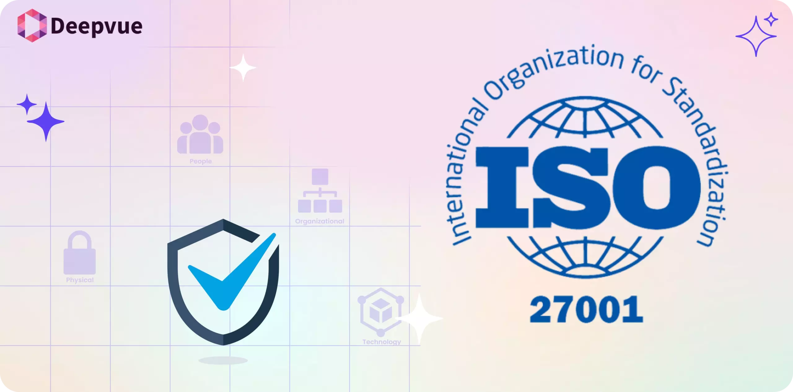 ISO 27001 certification illustration featuring a shield and checkmark on a gradient background, symbolizing top-tier Information Security Standards.