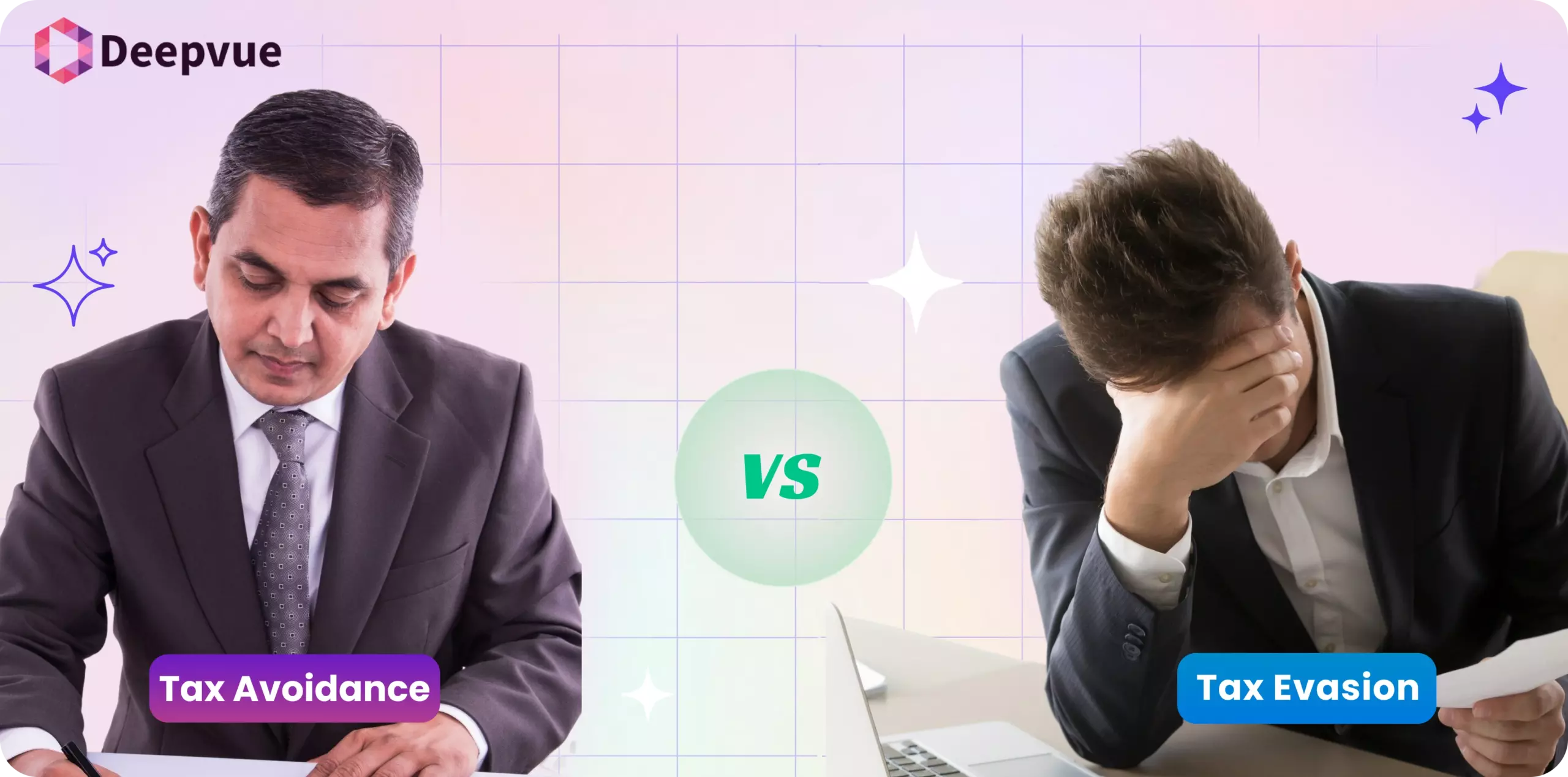 Two men in suits sit at desks: the left focused under a "Tax Avoidance" label, the right with head in hand labeled "Tax Evasion," highlighting the difference. A bold "VS" separates them, emphasizing the contrast.