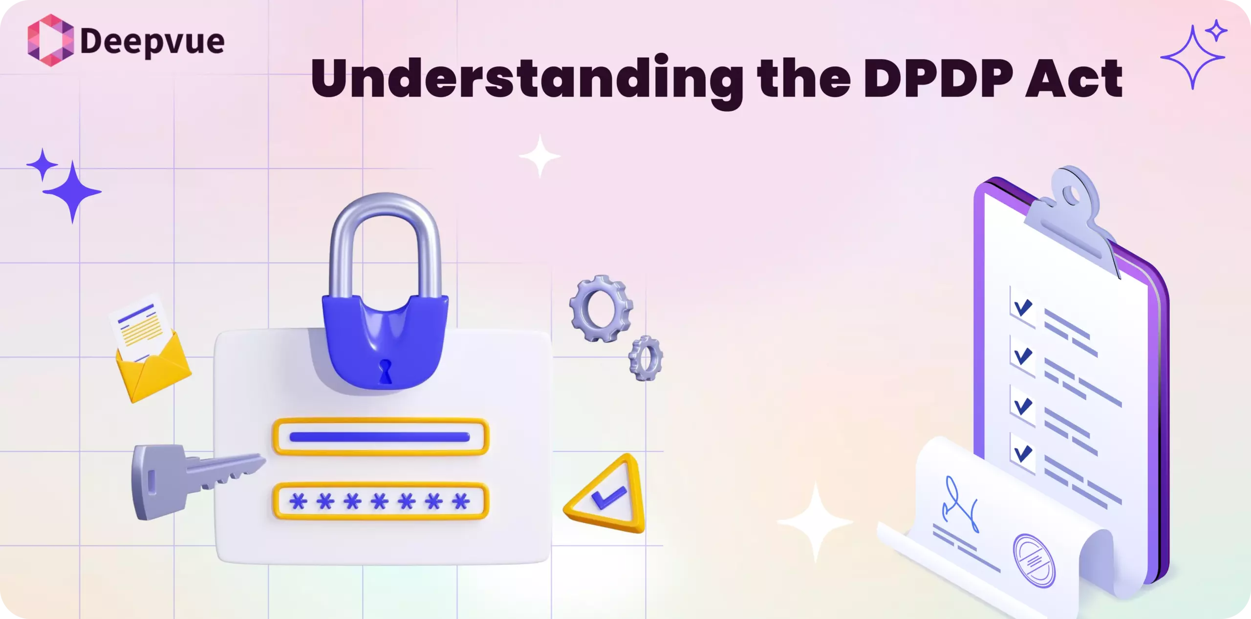 Illustration showing a padlock, password field, and checklist, with the text "Understanding the DPDP Act" at the top and a signature clipboard on the right, highlighting KYC Compliance and Digital Identity Verification.
